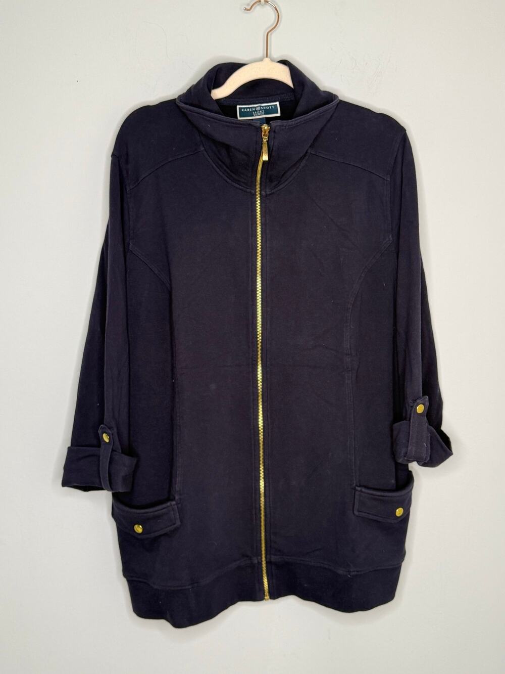 Karen Scott Sport Navy Gold Cotton Full Zip Roll Tab 3/4 Sleeve Jacket Size 2X